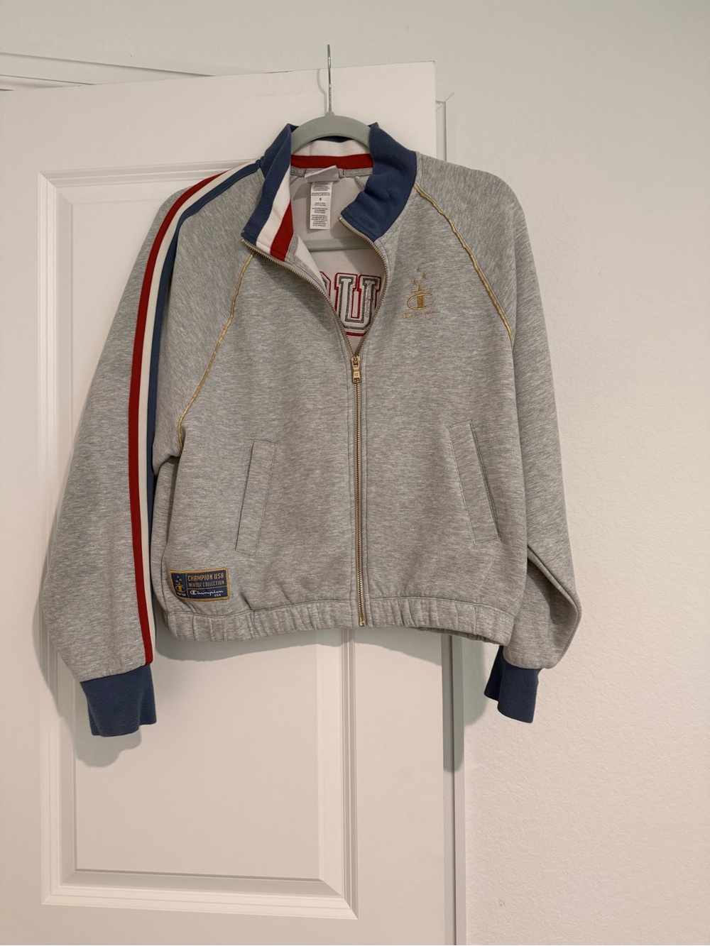 Champion Grey Zip Jacket with Red & Blue Stripes
